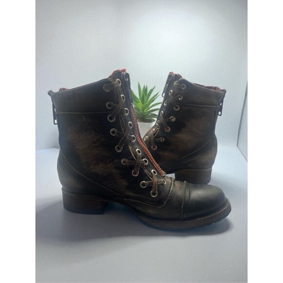 Freebird by Steven Liverpool 7 Brown Leather Lace Up Combat Boots Red Zip Women’ - Picture 6 of 11